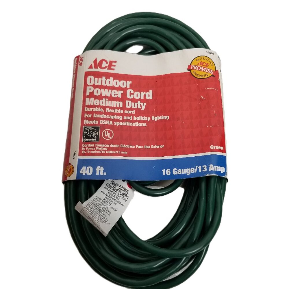 ACE Outdoor Power Cord 40 Ft Green 16 Gauge Medium Duty Extension Cord OSHA